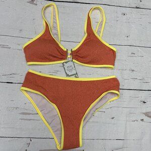 NWT Swimall Textured High Waisted Bikini Set Orange Yellow Trim M Y2K